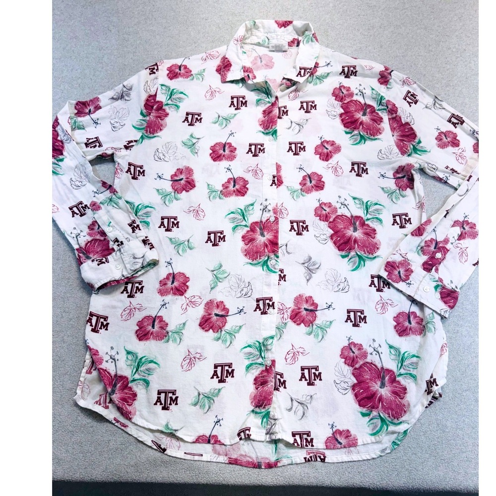 Wes And Willy Texas A&M Aggies Button Down Women XXL White Floral Hibiscus Shirt